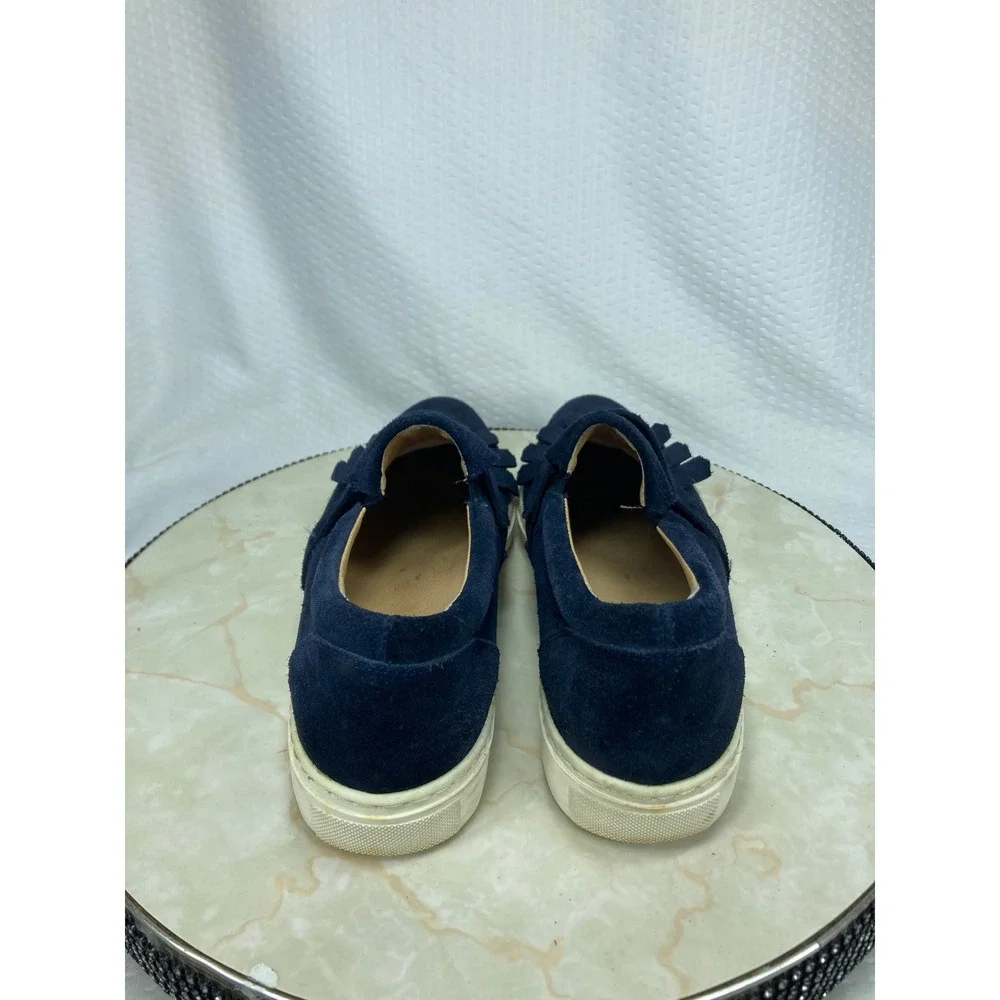 Anthropologie Suede Kiltie Fringe Slip On Loafers Womens 40 Navy Low Top Shoes